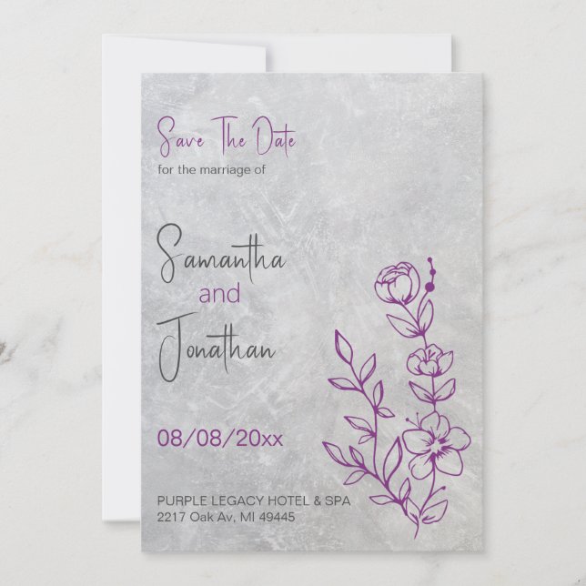 Invitación Boda gris y morada salva la fecha (Anverso)