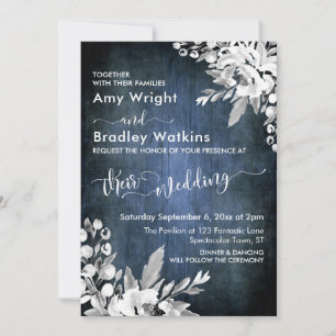 Invitación Boda Grunge Azul Rústica con Flores de Acuarela Bl
