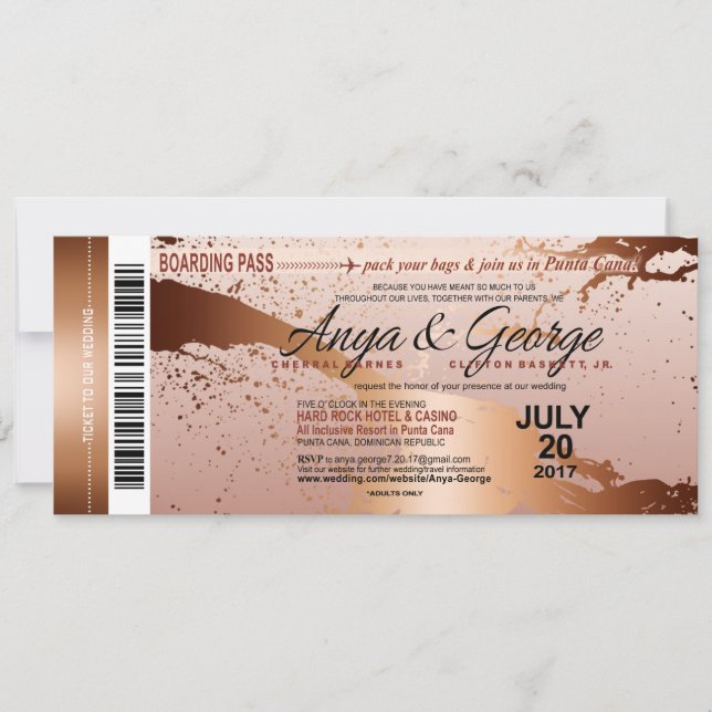Invitación Boda Grunge de Anya Copper Rose con Hojas de Oro (Anverso)
