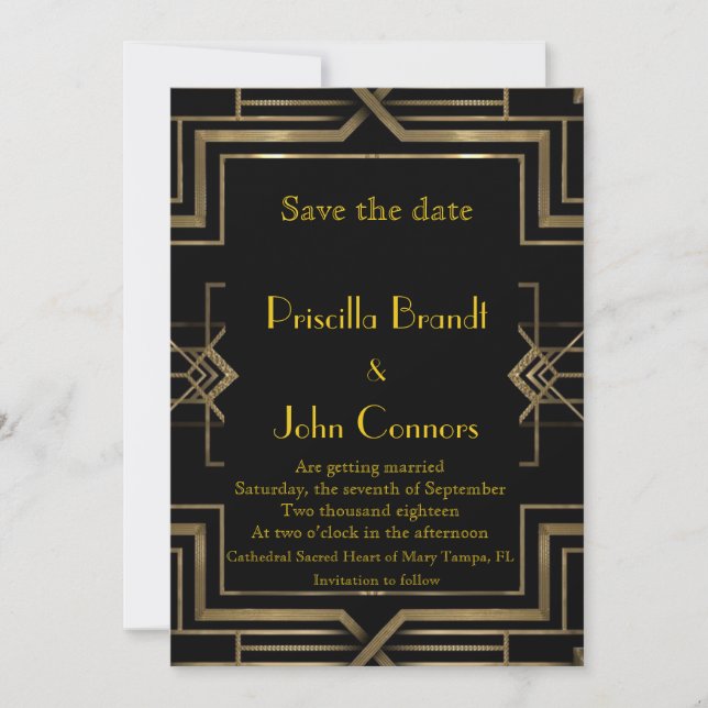 Invitación Boda, Guarda la Fecha, negro y dorado, gran-Gatsby (Anverso)