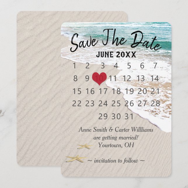 Invitación Boda Guardar el calendario de fechas en la costa o (Anverso / Reverso)