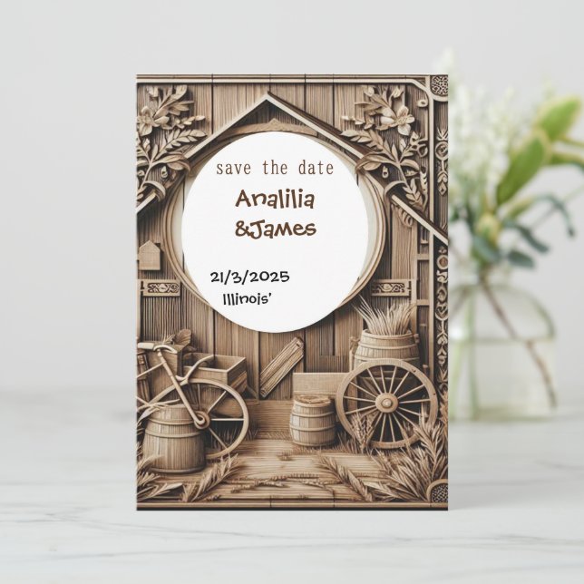 Invitación boda guardar el diseño de la talla de madera de fe (Anverso de pie)