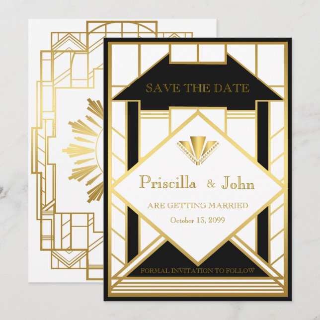 Invitación Boda guardar fecha, Gran Gatsby, Medallón dorado2 (Anverso / Reverso)
