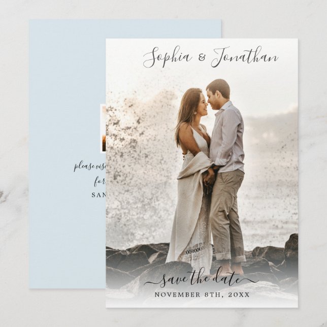 Invitación Boda Guardar la fecha 2 Fotos Bonito Script Font (Anverso / Reverso)