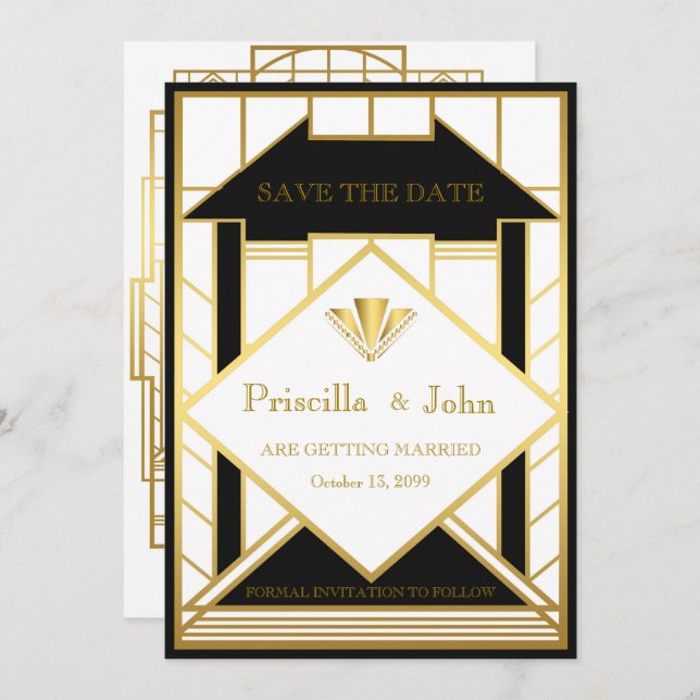 Invitación Boda Guardar la Fecha,Great Gatsby,Medalla oro2 (Anverso / Reverso)