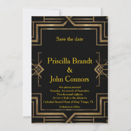 Invitación Boda Guardar la Fecha, negro y dorado, gran-Gatsby
