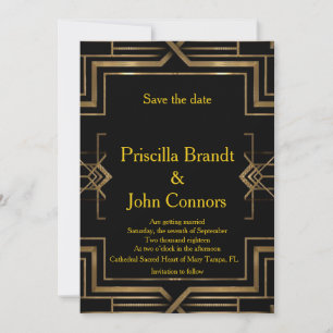 Invitación Boda Guardar la Fecha, negro y dorado, gran-Gatsby