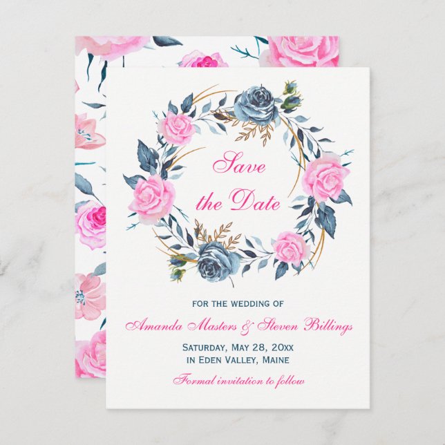 Invitación Boda - Guardar la Fecha - Rosas Rosadas y Azules (Anverso / Reverso)