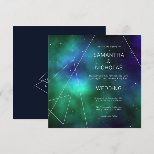Invitación Boda Guay de resumen de cósmico azul celestial ver (Anverso / Reverso)