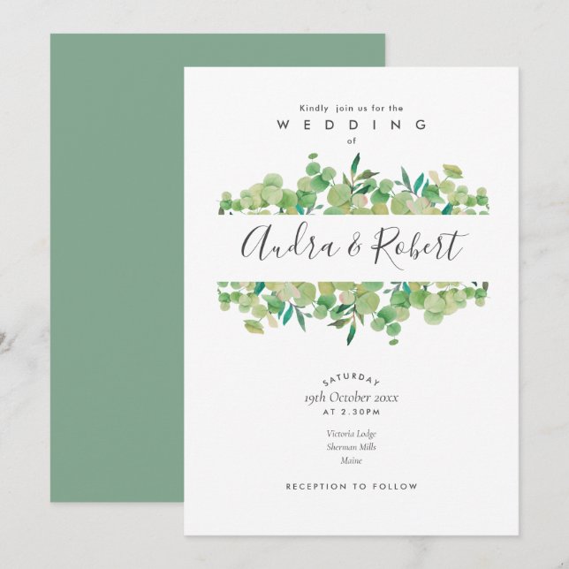 Invitación Boda Guirnalda de Eucalipto Verde Botánico (Anverso / Reverso)