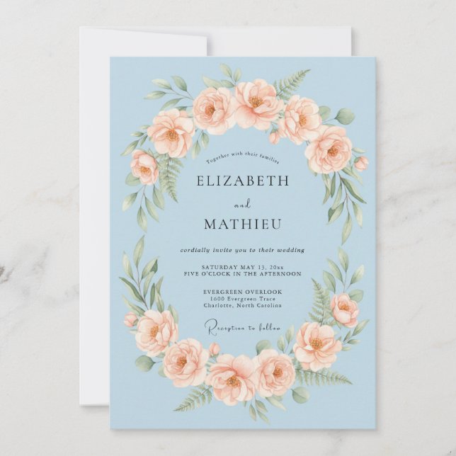 Invitación Boda Guirnalda de Flor Sky Blue (Anverso)