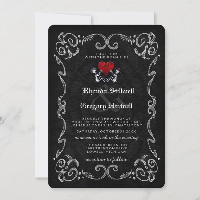 Invitación Boda Halloween esqueletos "JUNTOS CON" (Anverso)