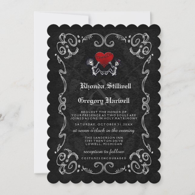 Invitación Boda Halloween Skeletons & Heart - COSTUMES (Anverso)