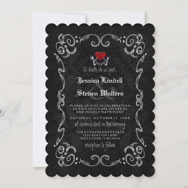 Invitación Boda Halloween "TIL MUERTE" esqueletos y corazón (Anverso)