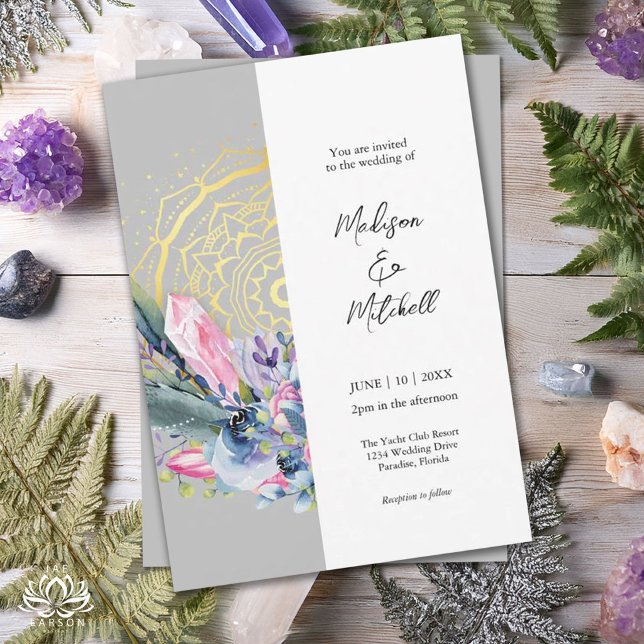 Invitación Boda Handfasting Boho Cristal Rosa Mandala de Oro (Subido por el creador)