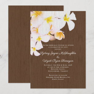 Invitación Boda Hawái de la Madera Marrón y Plumeria Blanca