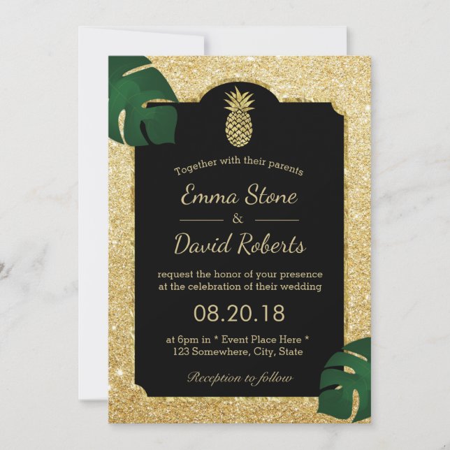 Invitación Boda hawaiano Purpurina de oro de piña tropical (Anverso)