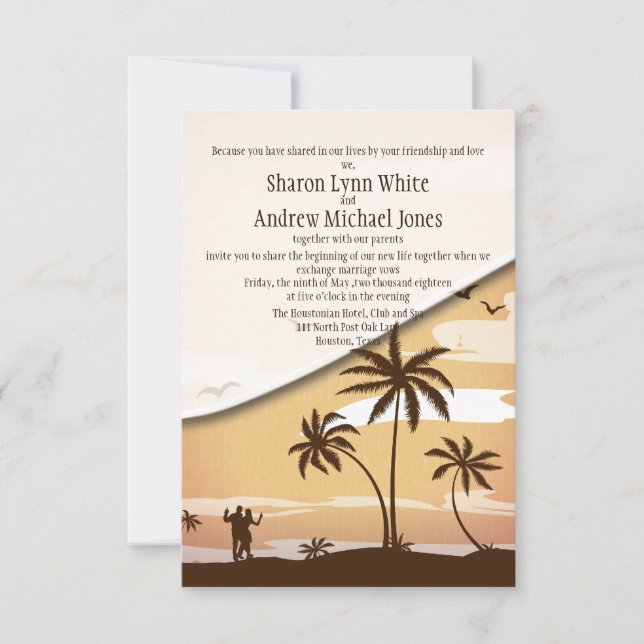 Invitación Boda Hawaiian Beach Palm Tree de 3,5" x 5" (Anverso)