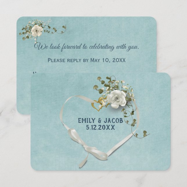 Invitación Boda Heart RSVP En Aqua (Anverso / Reverso)