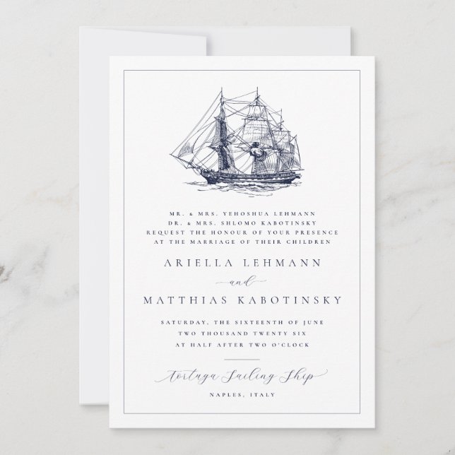 Invitación Boda hebreo de doble lado de barco náutico (Anverso)