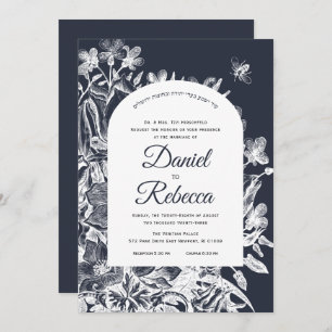 Invitación Boda Hebreo Vintage Floral Naval Blanco Woodcut