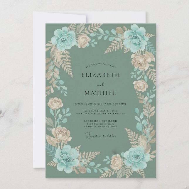 Invitación Boda Helecho Champán Aqua (Anverso)