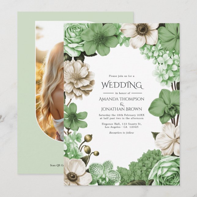 Invitación Boda Helecho de Prado, Seda de Pistacho y Marfil d (Anverso / Reverso)