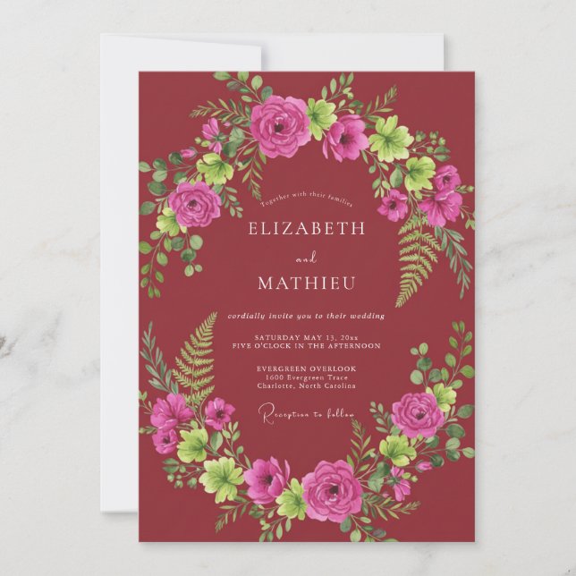Invitación Boda Helecho Granate Fucsia (Anverso)
