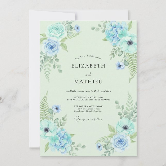 Invitación Boda Helecho Menta Azul Silvestre (Anverso)