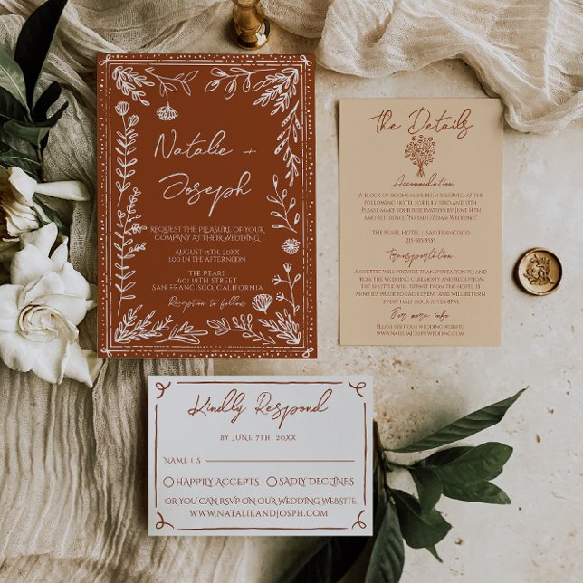 Invitación Boda Herbal Terracota Floral Boho Naranja Quemada (Subido por el creador)