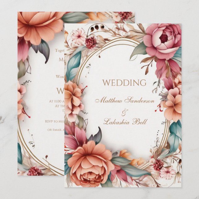 Invitación Boda Hermosa Moderna Boho Floral flores  (Anverso / Reverso)