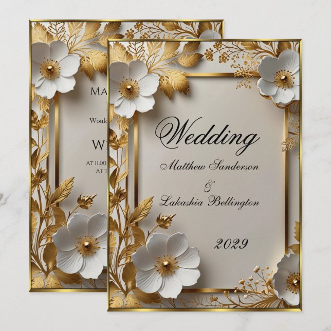 Invitación Boda Hermosas flores blancas de oro Moderno (Anverso / Reverso)