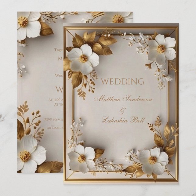 Invitación Boda Hermosas flores blancas hojas de oro (Anverso / Reverso)
