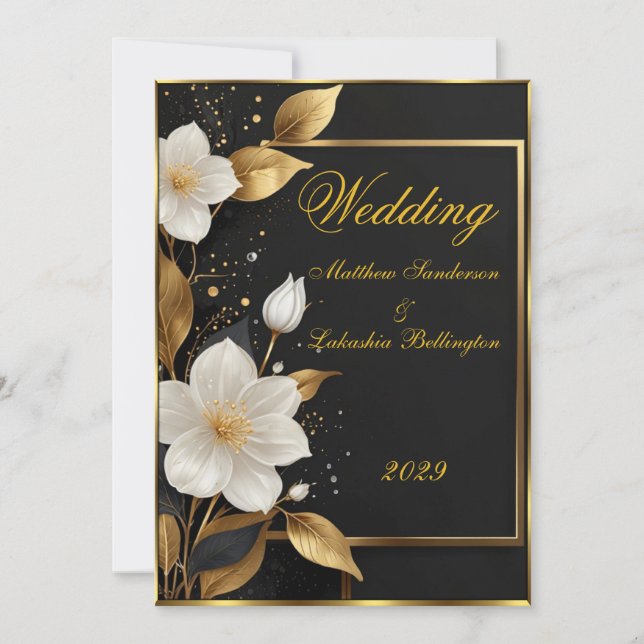 Invitación Boda Hermosas flores blancas hojas de oro (Anverso)