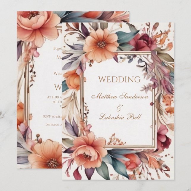 Invitación Boda Hermosas flores de Boho 2 (Anverso / Reverso)