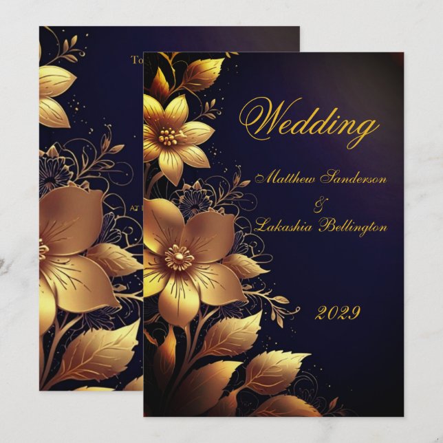 Invitación Boda hermosas flores de oro modernas (Anverso / Reverso)