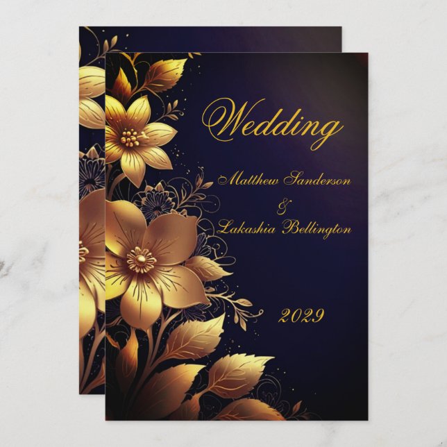 Invitación Boda Hermosas flores de oro Modernas (Anverso / Reverso)