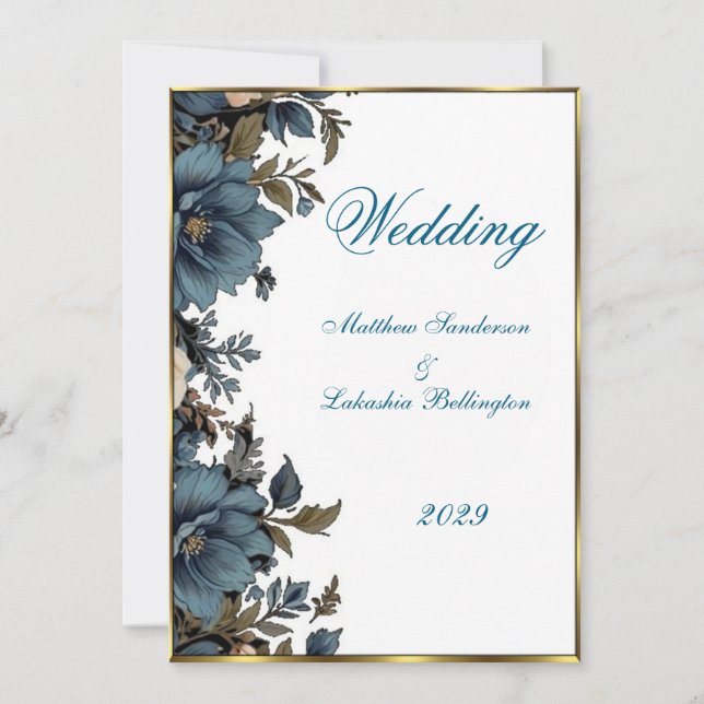 Invitación Boda Hermoso azul floral blanco (Anverso)