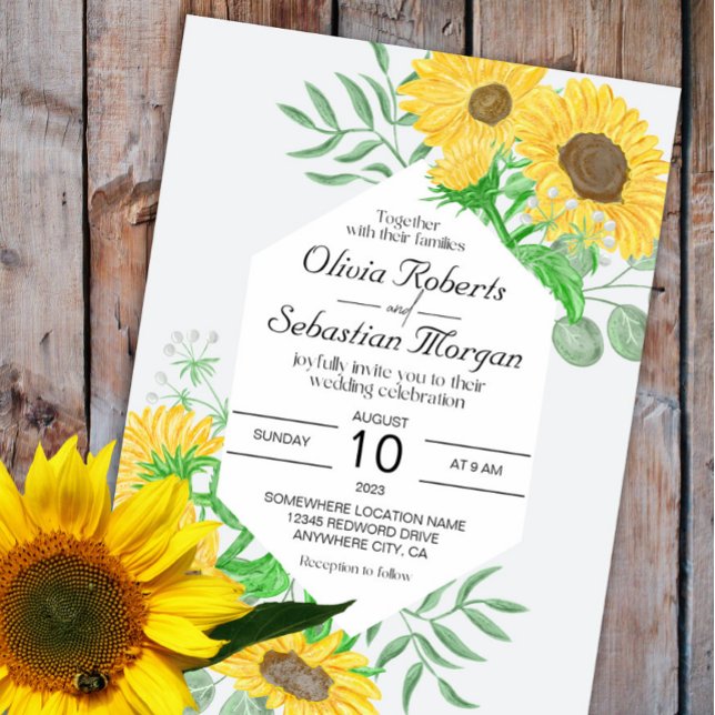Invitación Boda hexagonal de girasoles amarillo acuarela (Subido por el creador)