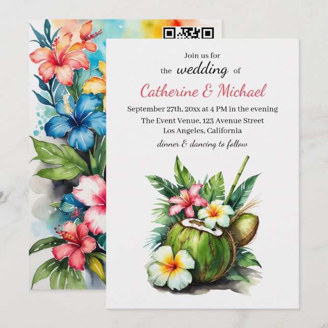 Invitación Boda Hibiscus de verano de vacaciones en playa de  (Anverso / Reverso)