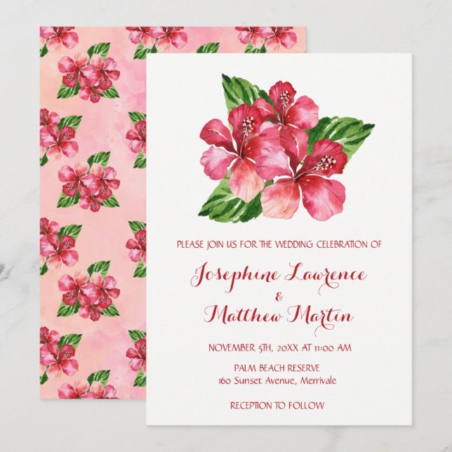 Invitación Boda hibiscus floral tropical (Anverso / Reverso)