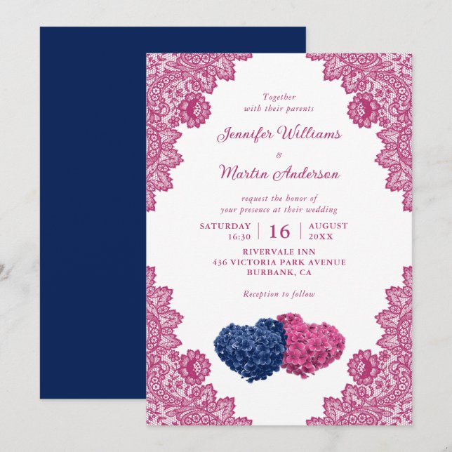 Invitación Boda Hídrangea floral rosa azul de la marina (Anverso / Reverso)