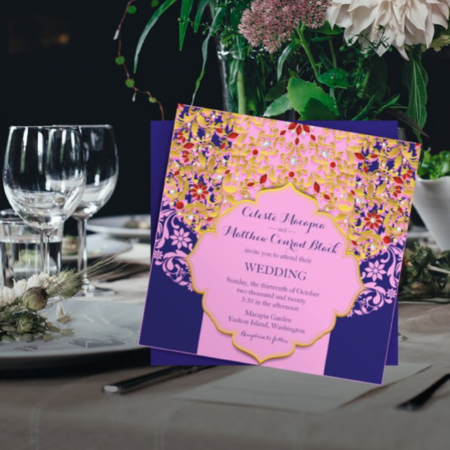 Invitación Boda hindú azul rosa dorado con joyas Lux (Subido por el creador)