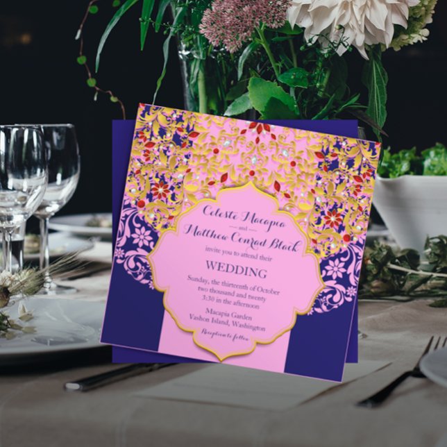 Invitación Boda hindú azul rosa dorado con joyas Lux (Subido por el creador)