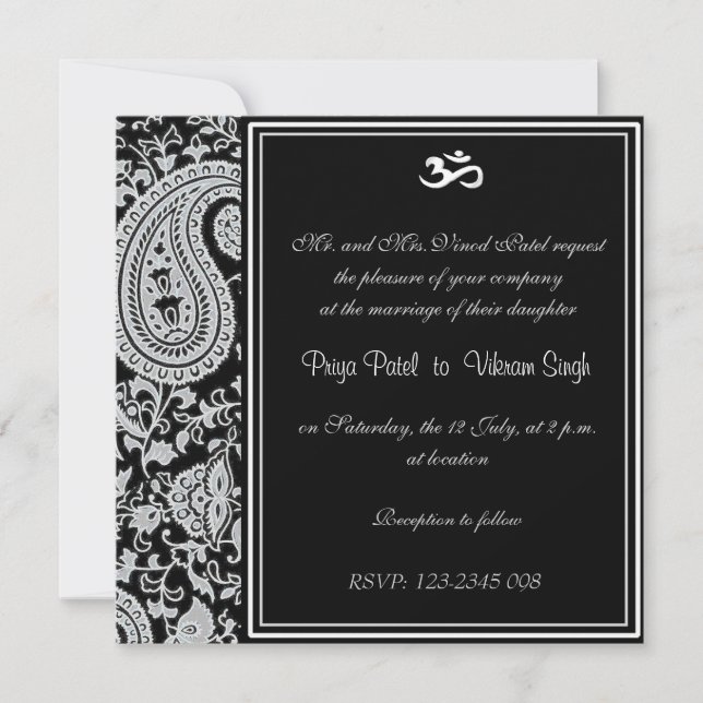 Invitación boda hindú blanco y negro de Damasco (Anverso)