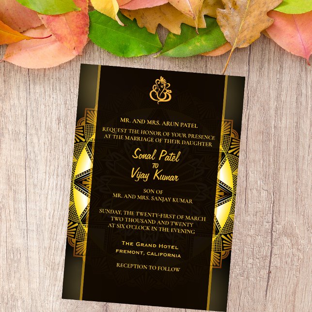 Invitación Boda hindú Chakra diseña oro negro (Subido por el creador)