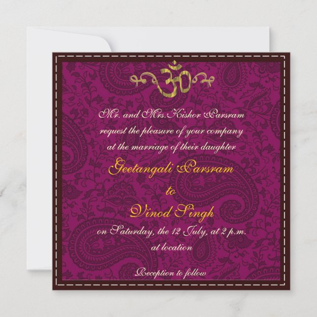 Invitación boda hindú de brocado de damasco magenta (Anverso)
