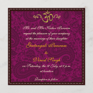 Invitación boda hindú de brocado de damasco magenta