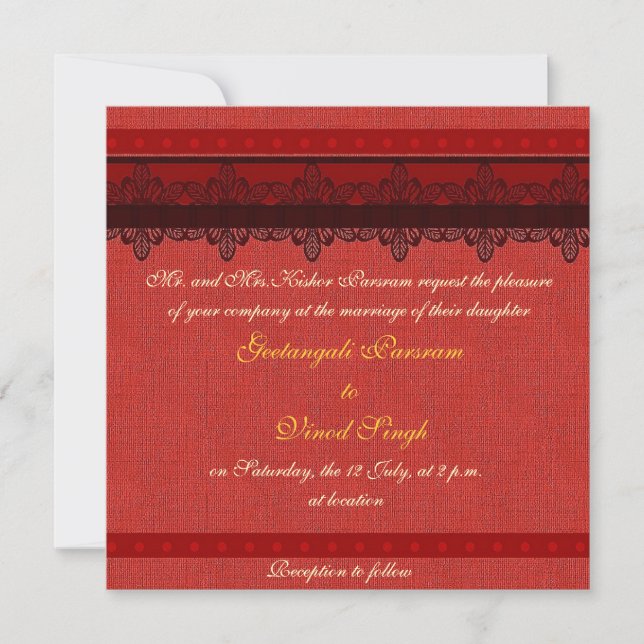 Invitación boda hindú de brocado rojo (Anverso)