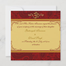Invitación boda hindú de damasco rojo y dorado